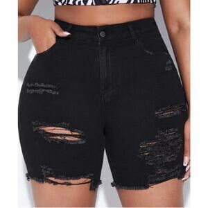 SHEIN Curve Black Distressed High-Rise Denim Shorts Size 1XL
